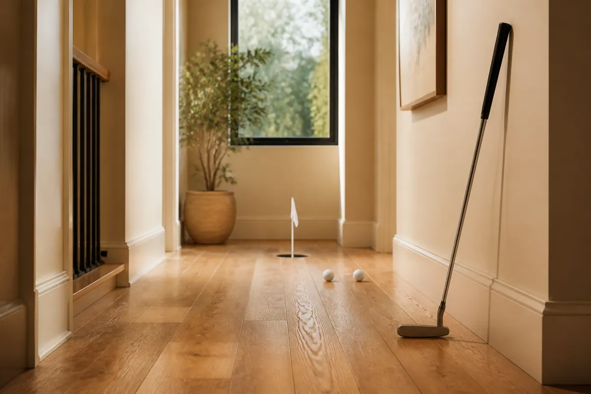 A putting cup at the end of a wooden hallway with two golf balls and a putter leaning against the wall