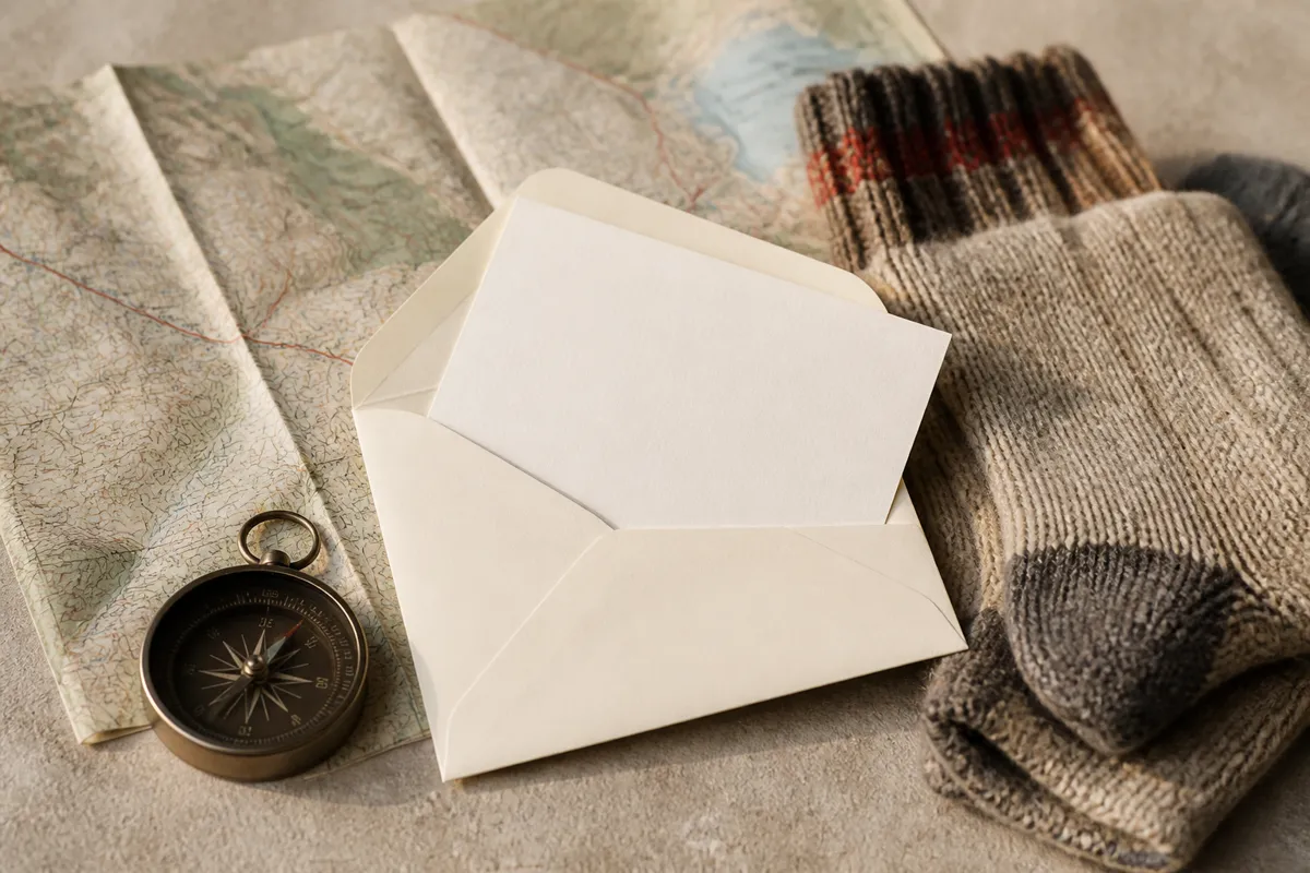 A small plain card in an open cream envelope resting on a folded trail map beside a compass and wool socks, daylight