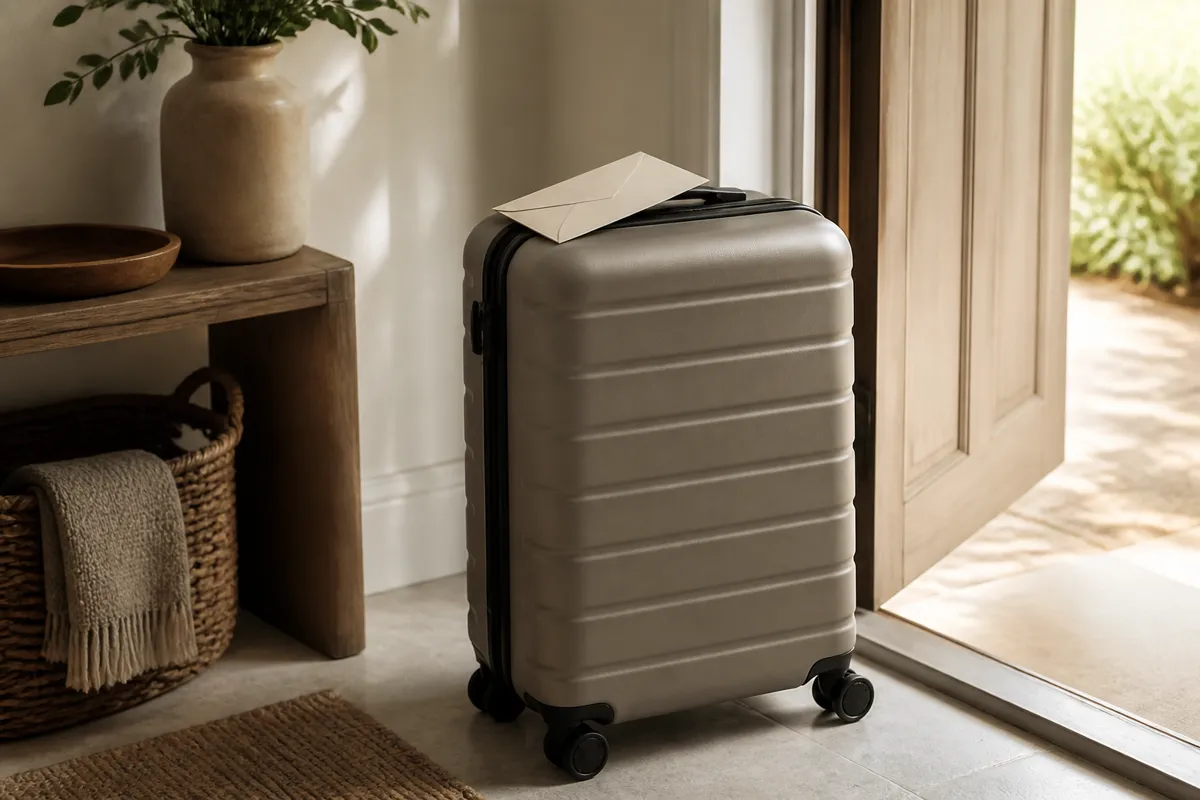A hard-shell carry-on suitcase standing by a front door with a paper ticket sleeve resting on top