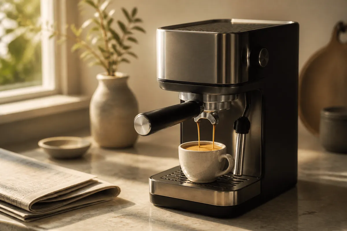 A compact espresso machine pulling a shot into a small cup on a kitchen counter, a folded newspaper nearby