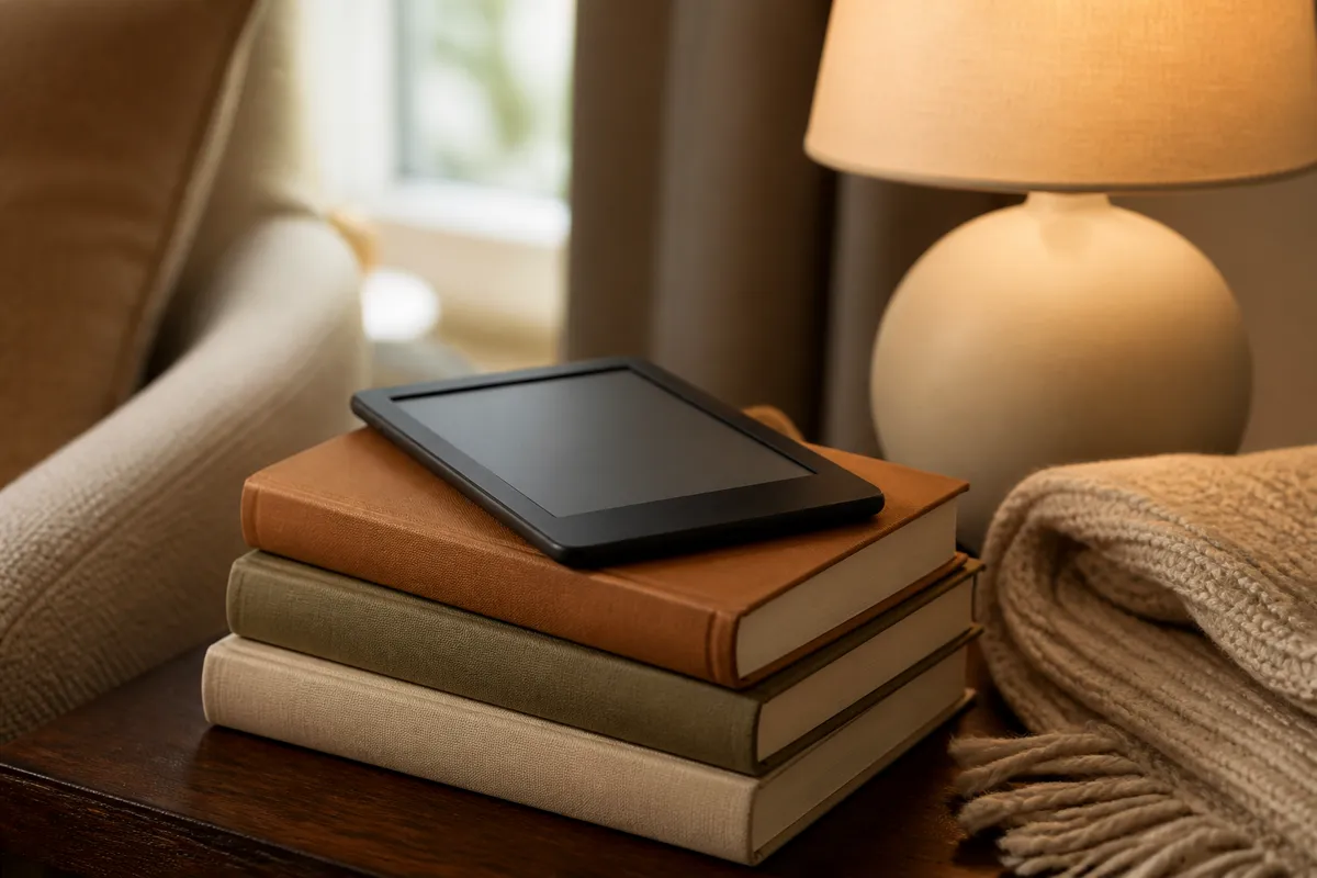 An e-reader resting on a stack of three hardcover books beside a reading lamp and a folded armchair blanket, cozy evening light