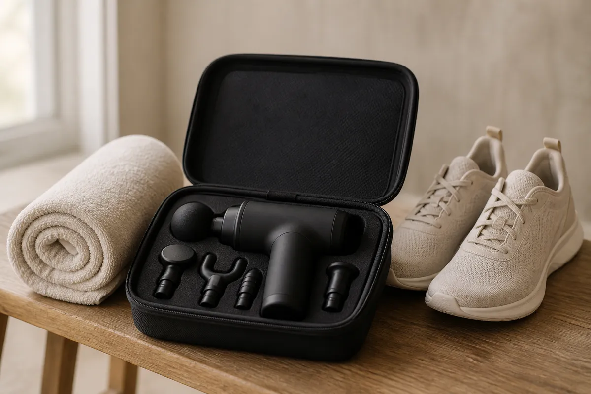 A matte-black massage gun with attachments in an open case on a bench beside a rolled towel and running shoes, neutral daylight