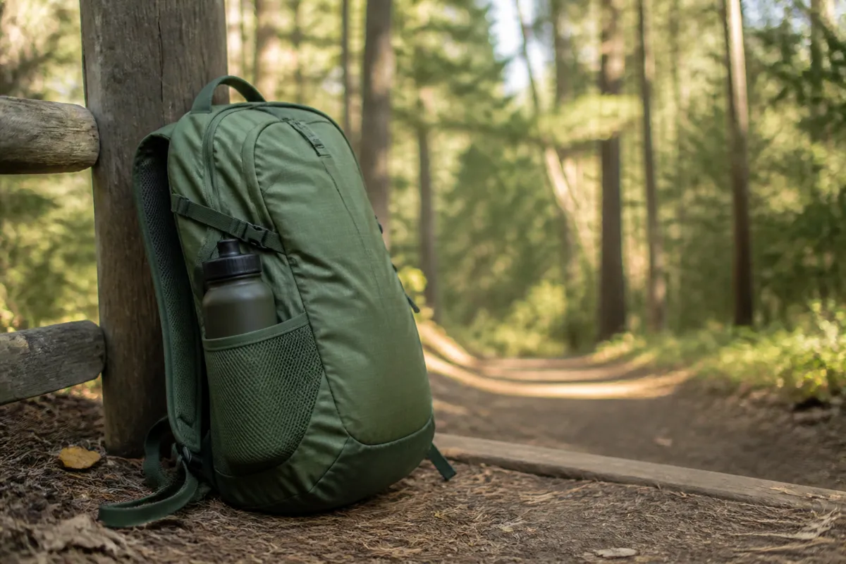 A green daypack with a water bottle in its side pocket leaning against a trailhead post, wooded path softly out of focus