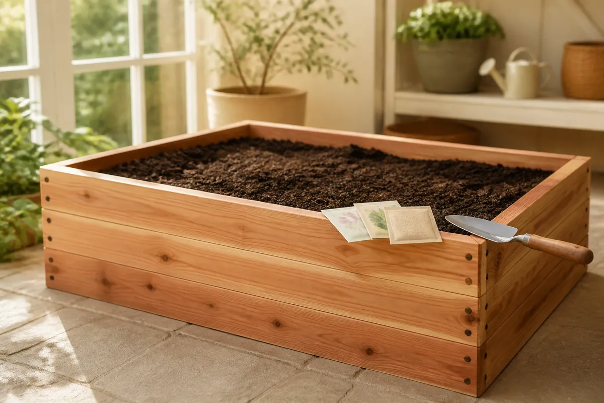 A cedar raised garden bed filled with fresh soil, seed packets and a trowel resting on its edge, spring morning light