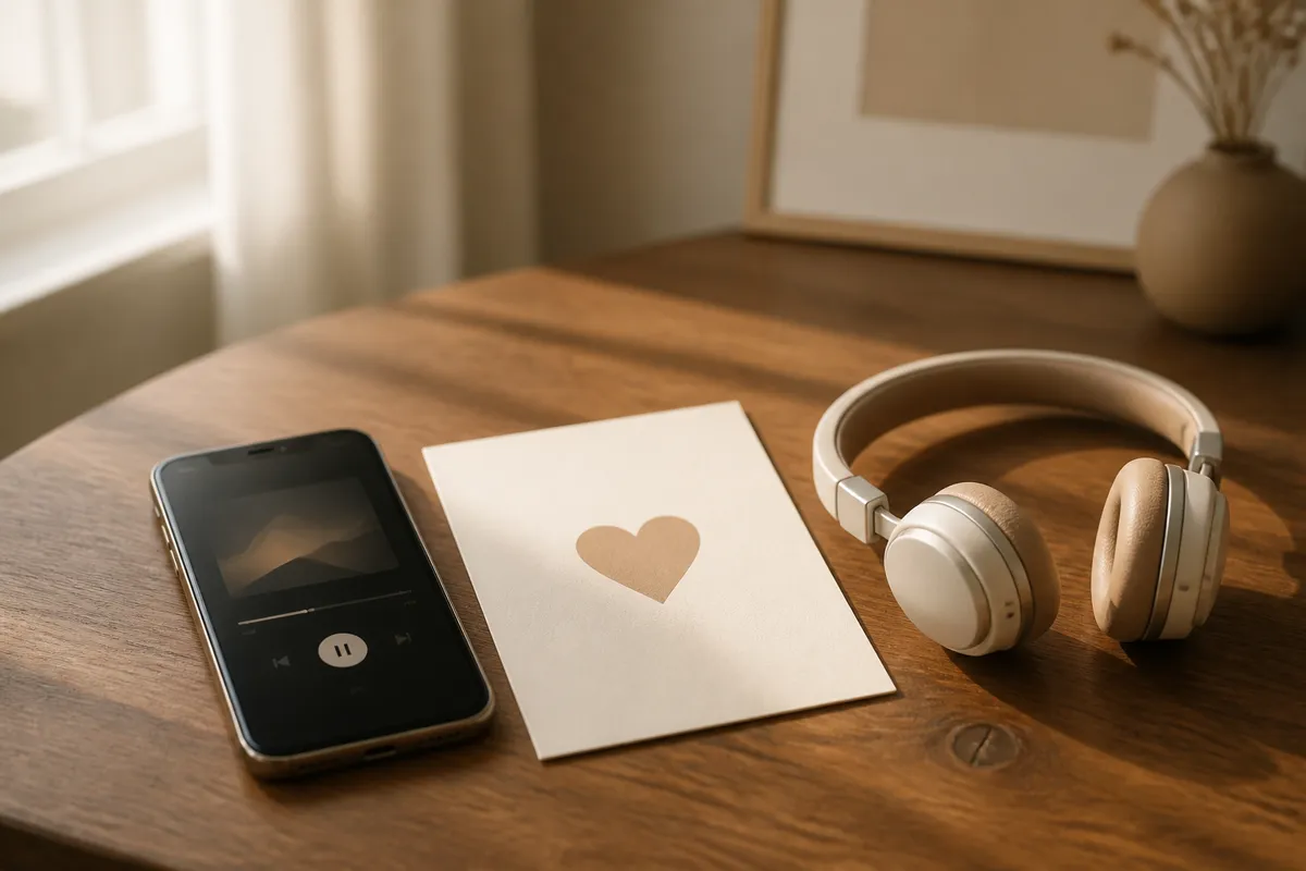 A smartphone on a warm wooden table softly playing music, next to a printed cream song card with a heart motif and a small pair of headphone