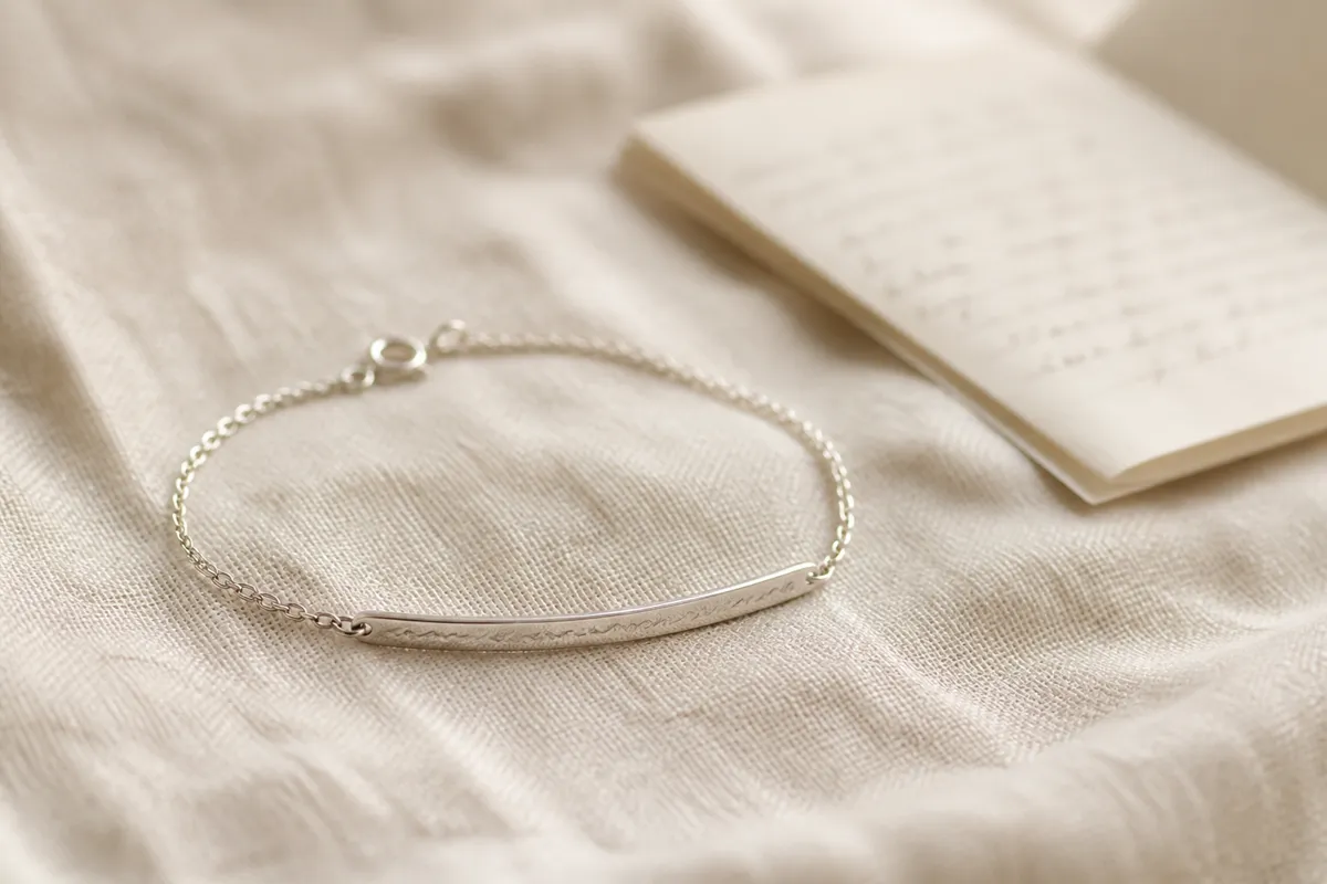 A delicate silver bracelet with a thin engraved cursive line, resting on cream linen beside a folded handwritten note out of focus