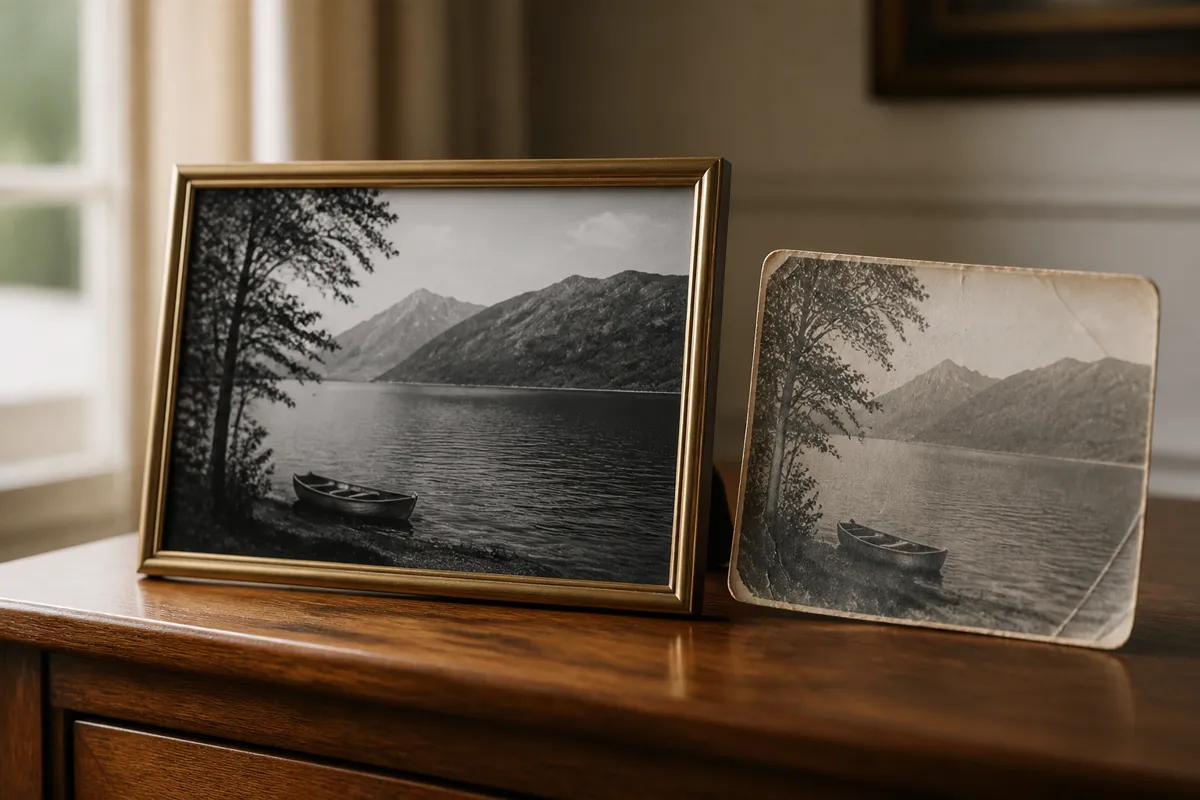 A beautifully restored black and white photograph in a brass frame, propped beside its faded, creased original copy on a wooden sideboard