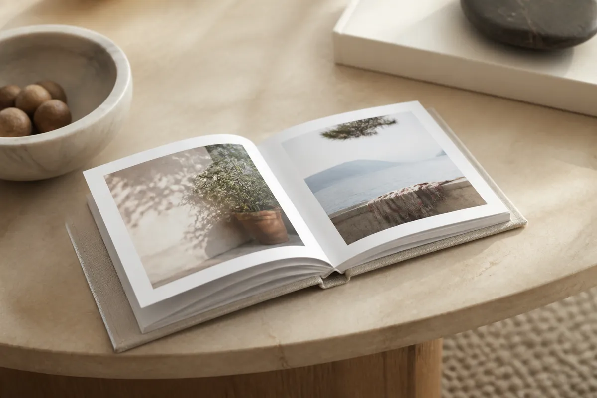 A small linen-bound photo book lying open on a coffee table showing candid snapshot prints
