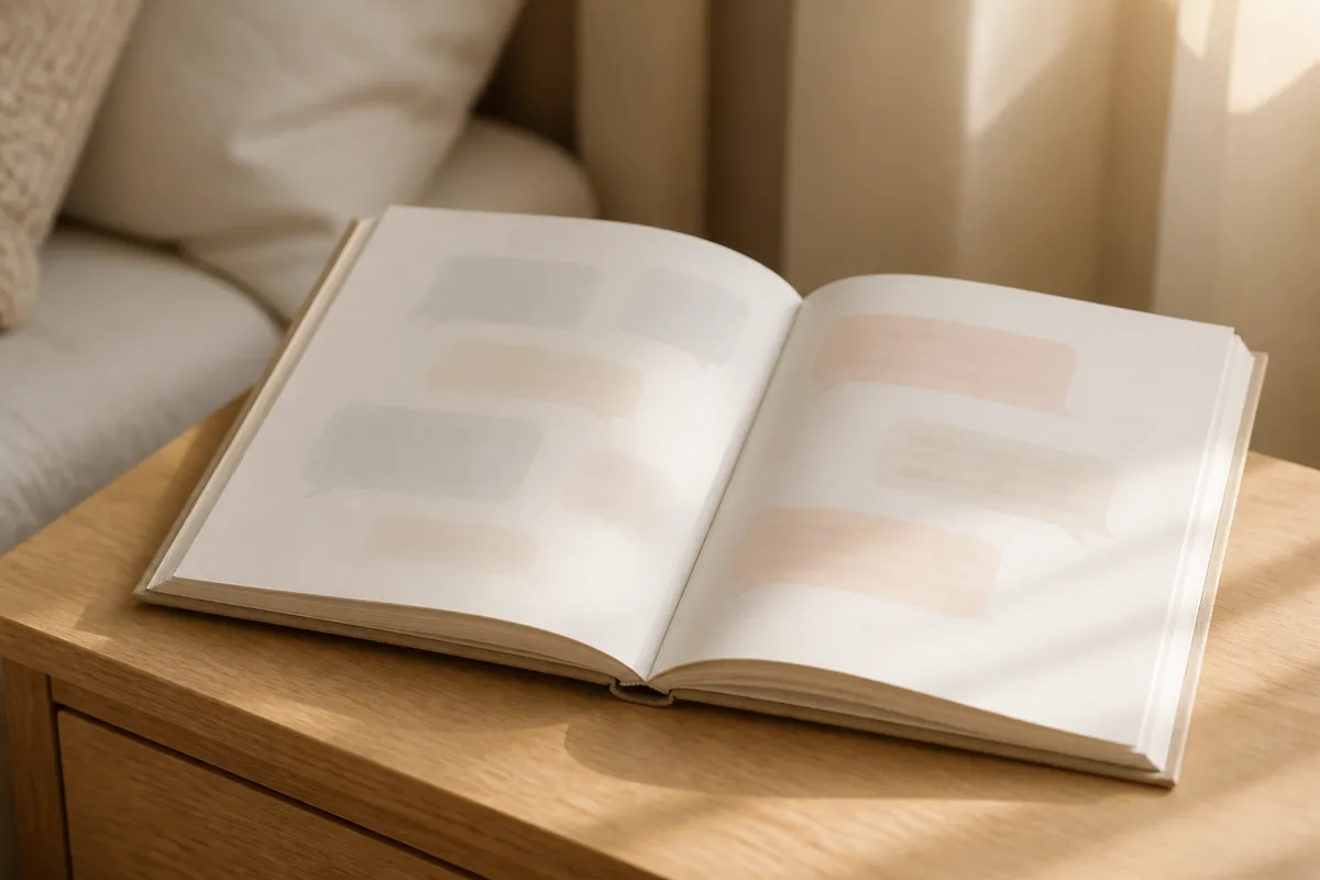 A slim printed hardcover book open at an angle showing chat-bubble style pages softly out of focus, on a bedside table