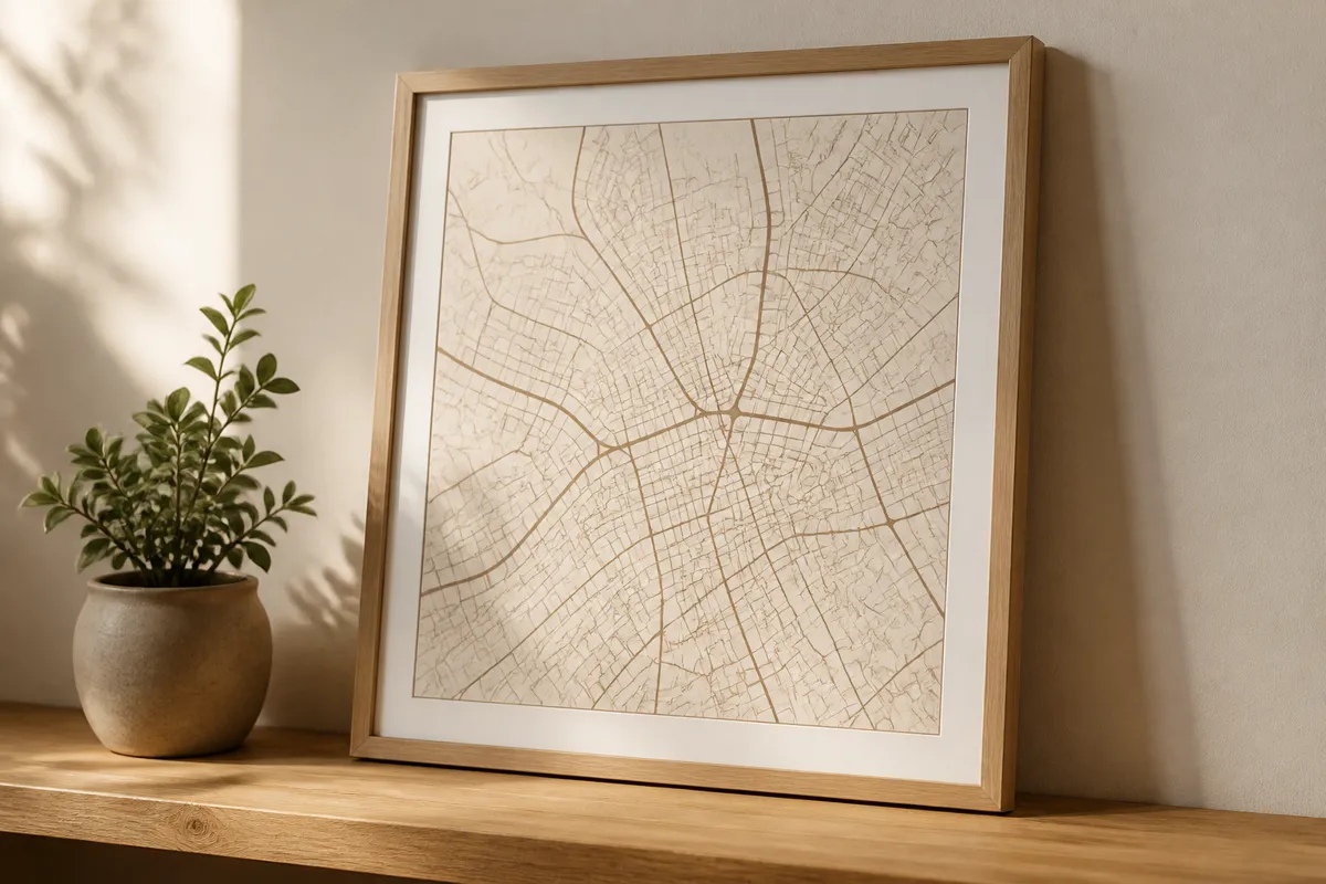 A framed minimalist street-map art print leaning against the wall on a wooden shelf beside a small plant