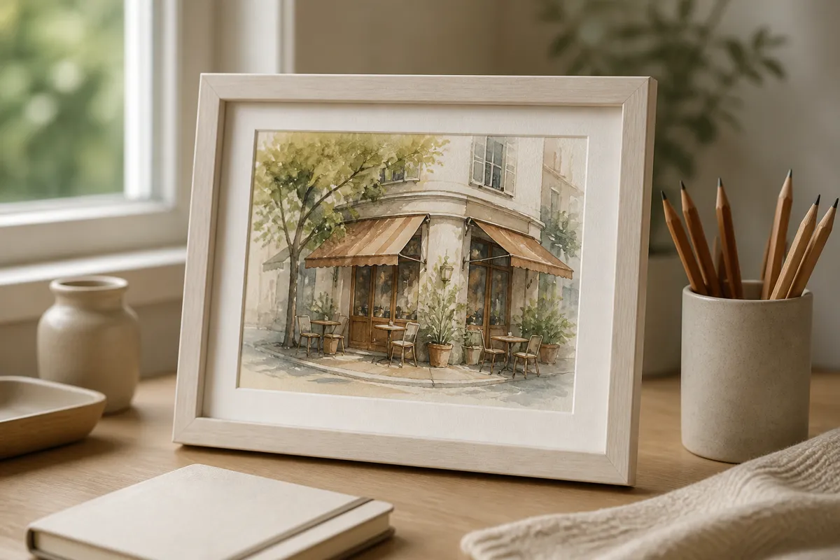 A framed watercolor illustration of a small corner cafe, standing on a desk with a pencil cup nearby