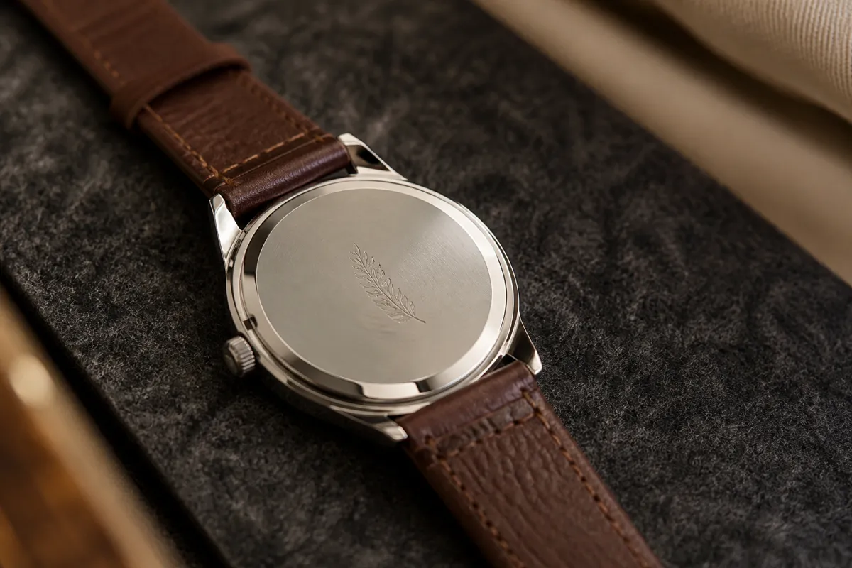 A men's leather-strap watch lying face down on dark felt, showing a small engraving on the polished case back