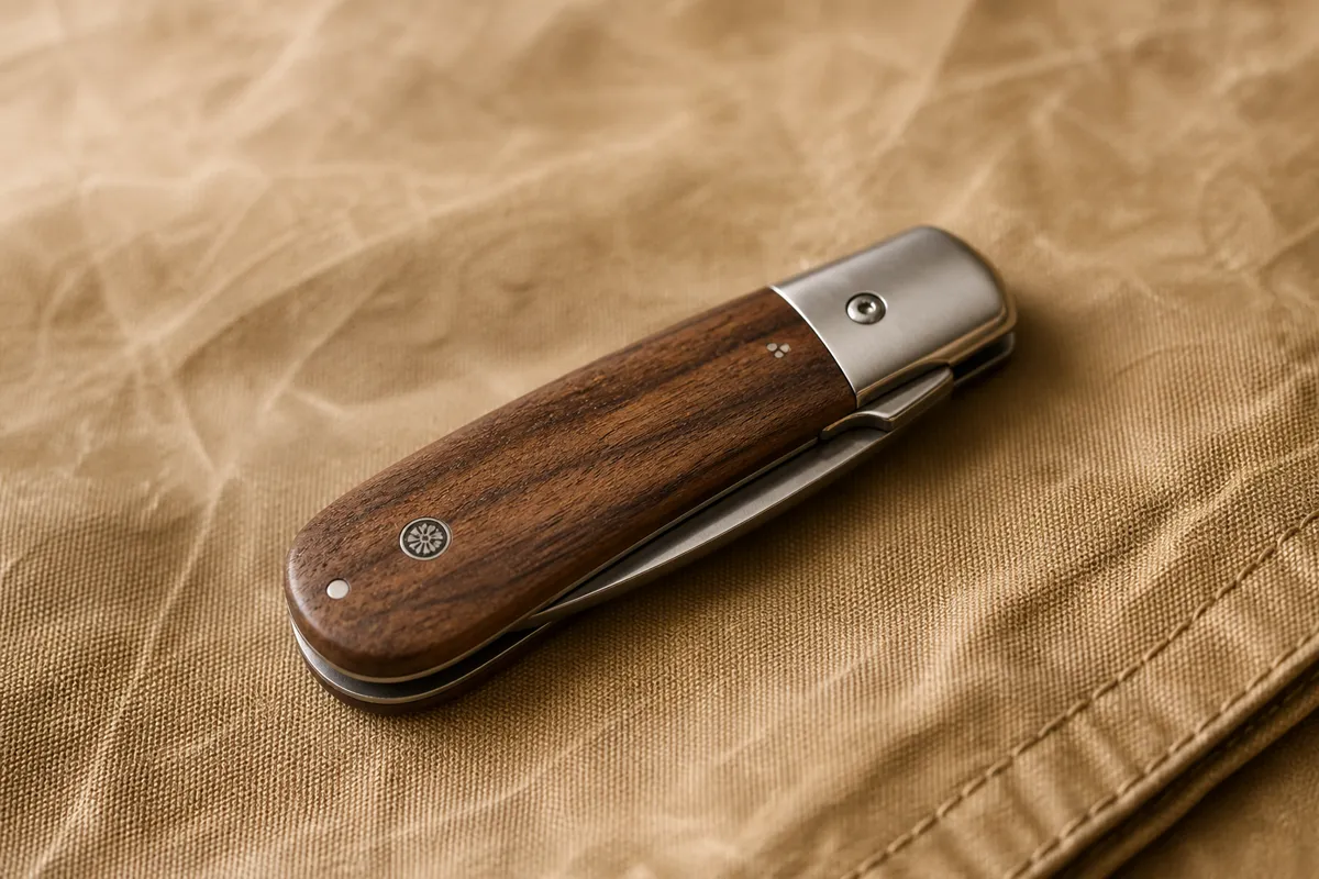 A folded pocket knife with a walnut wood handle and a tiny engraved date, on waxed canvas with soft side light