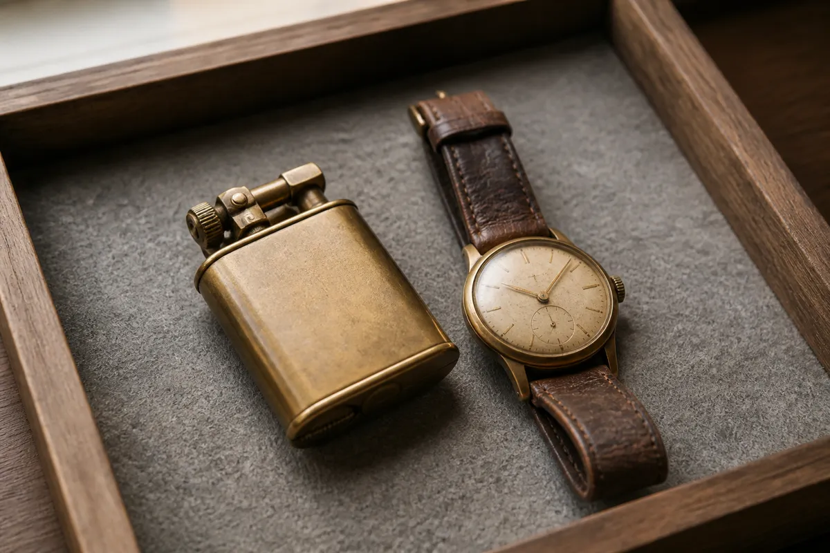 A restored vintage brass lighter and an old wristwatch resting together on grey felt in a small wooden tray