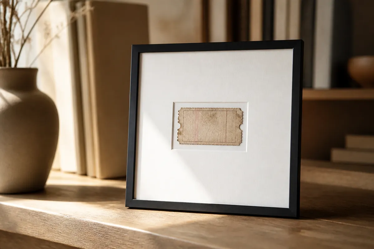 A single vintage ticket stub mounted in a slim black frame with a wide white mat, standing on a bookshelf