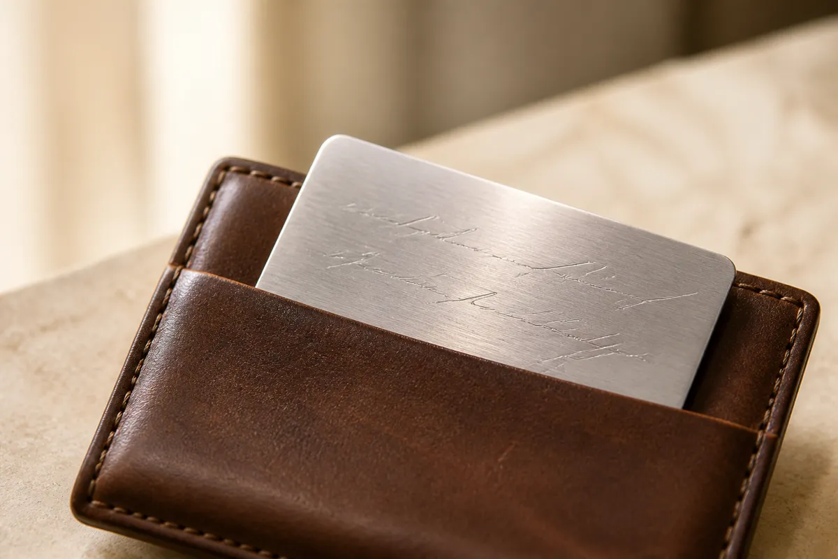 A thin brushed-metal card with engraved cursive script tucked halfway into a brown leather wallet on a table