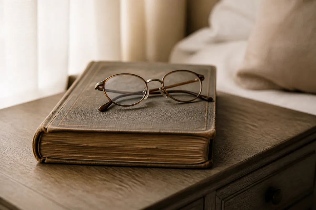 An old cloth-bound hardcover book with worn edges and gilt lettering out of focus, on a nightstand with reading glasses