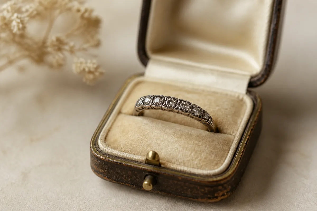 An antique ring with small reset stones displayed in an open vintage jewelry box lined with cream velvet
