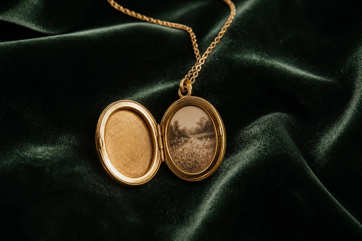 A small gold locket hanging open with a tiny photograph inside, laid on deep green velvet