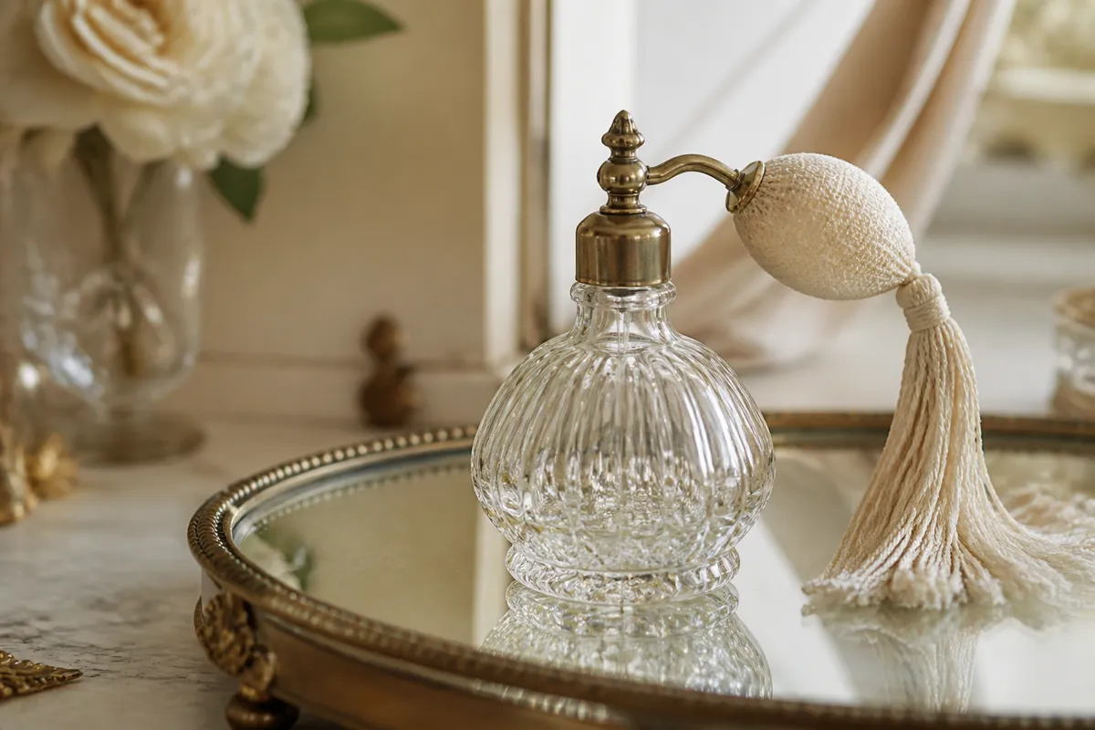 A vintage glass perfume bottle with a tasseled atomizer on a mirrored vanity tray