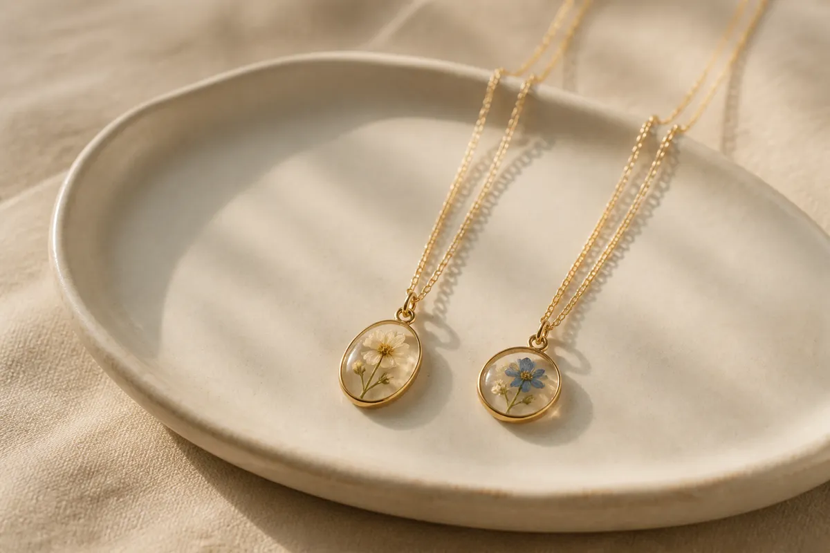 Two dainty gold necklaces with small pressed-flower pendants arranged on a cream ceramic tray