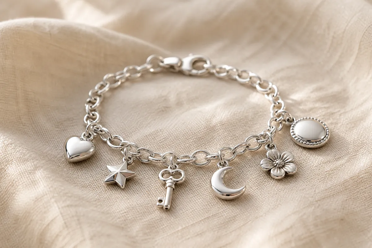 A silver charm bracelet with several distinct charms, coiled on natural linen in warm light