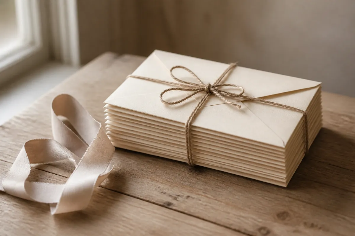 A bundle of small cream envelopes tied with twine, stacked beside a ribbon on a wooden table