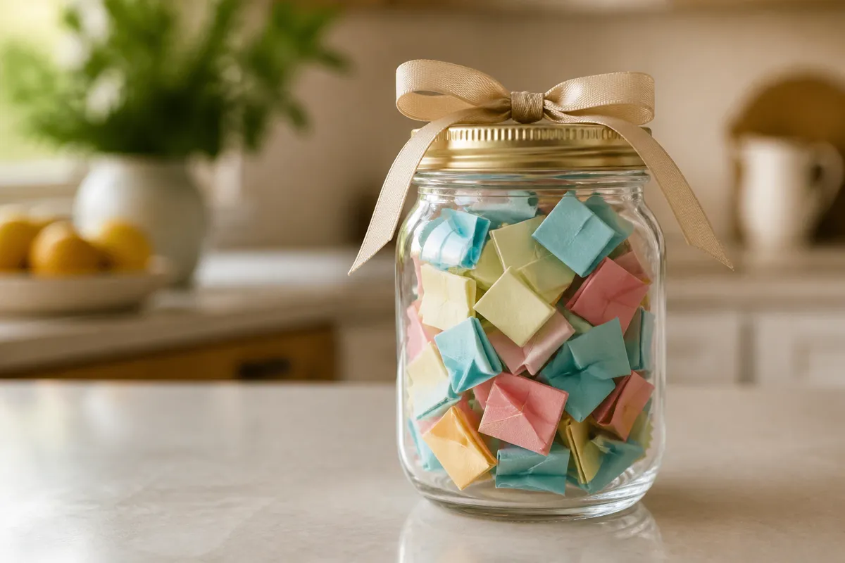 A glass mason jar filled with small folded colorful paper notes, a ribbon around the lid