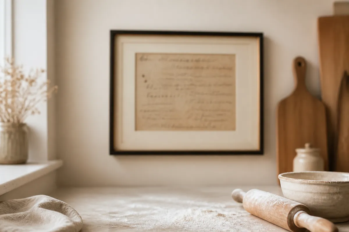 A framed old handwritten recipe card, slightly out of focus, hanging in a kitchen with a light dusting of flour on the counter below