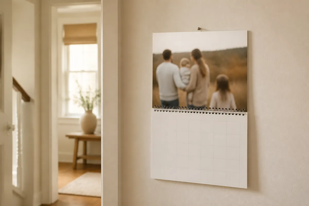 A wall photo calendar hanging in a hallway showing a candid family snapshot softly out of focus