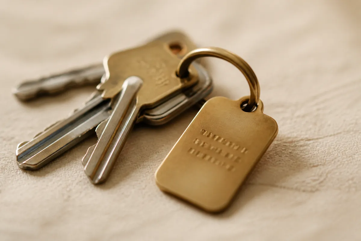 A small brass keychain tag stamped with tiny coordinate numbers slightly out of focus, on a set of house keys