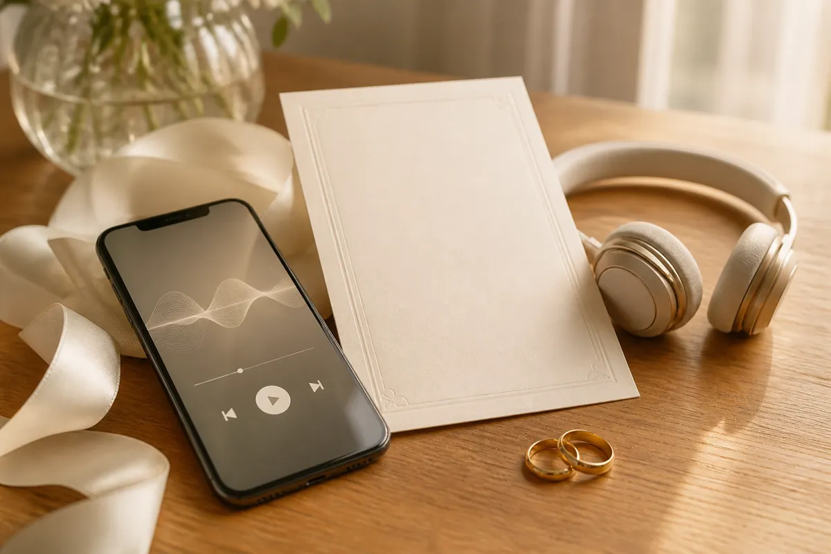 A smartphone softly playing music on a warm wooden table beside a printed cream song card and small headphones, a coil of white ribbon and t