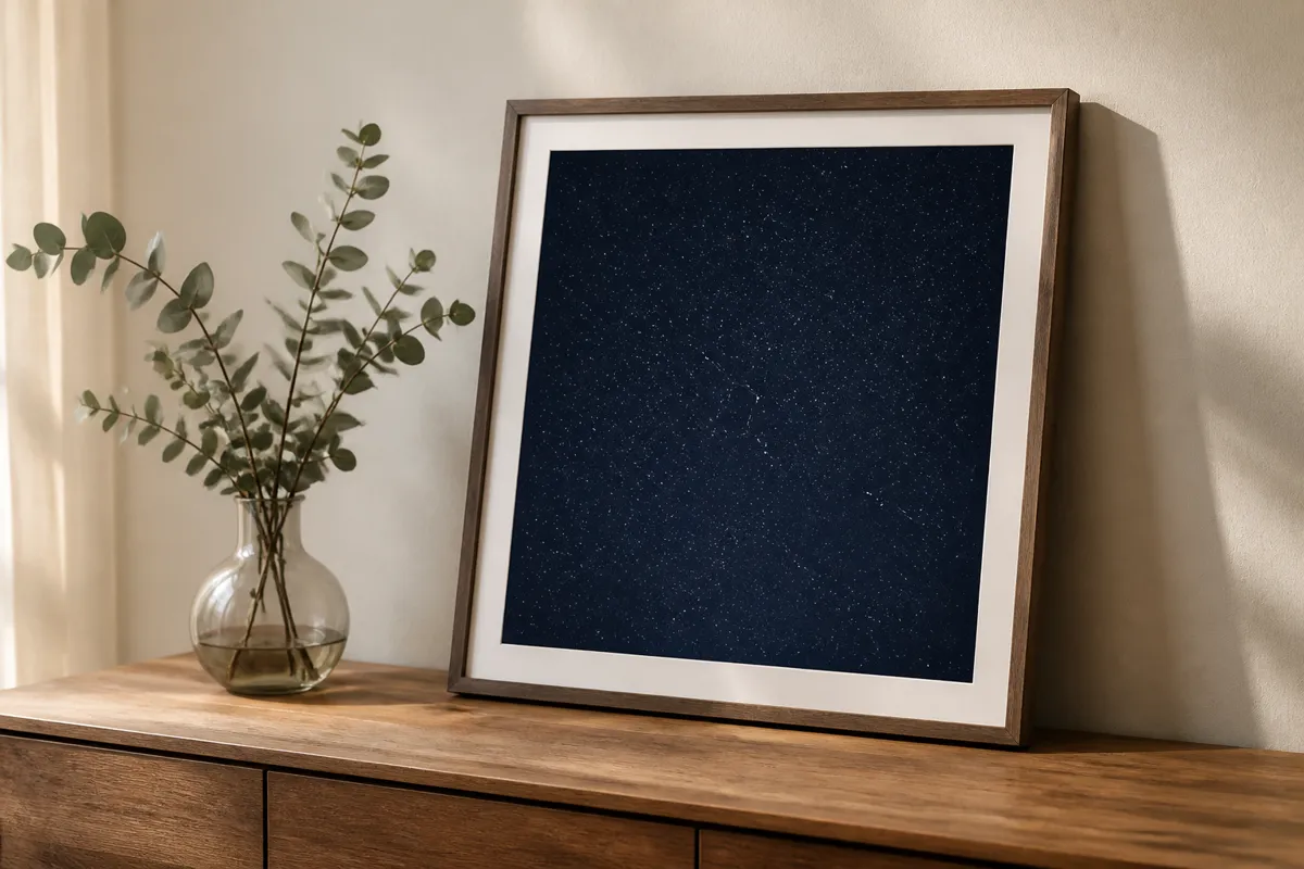 A framed deep navy star map print with tiny white stars leaning against the wall on a wooden sideboard, a small vase of eucalyptus beside it