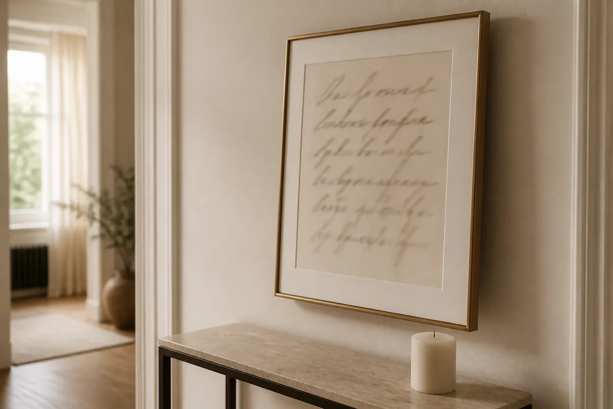 A framed piece of hand-lettered calligraphy hanging at a slight angle with the script softly out of focus, above a hallway table with a sing