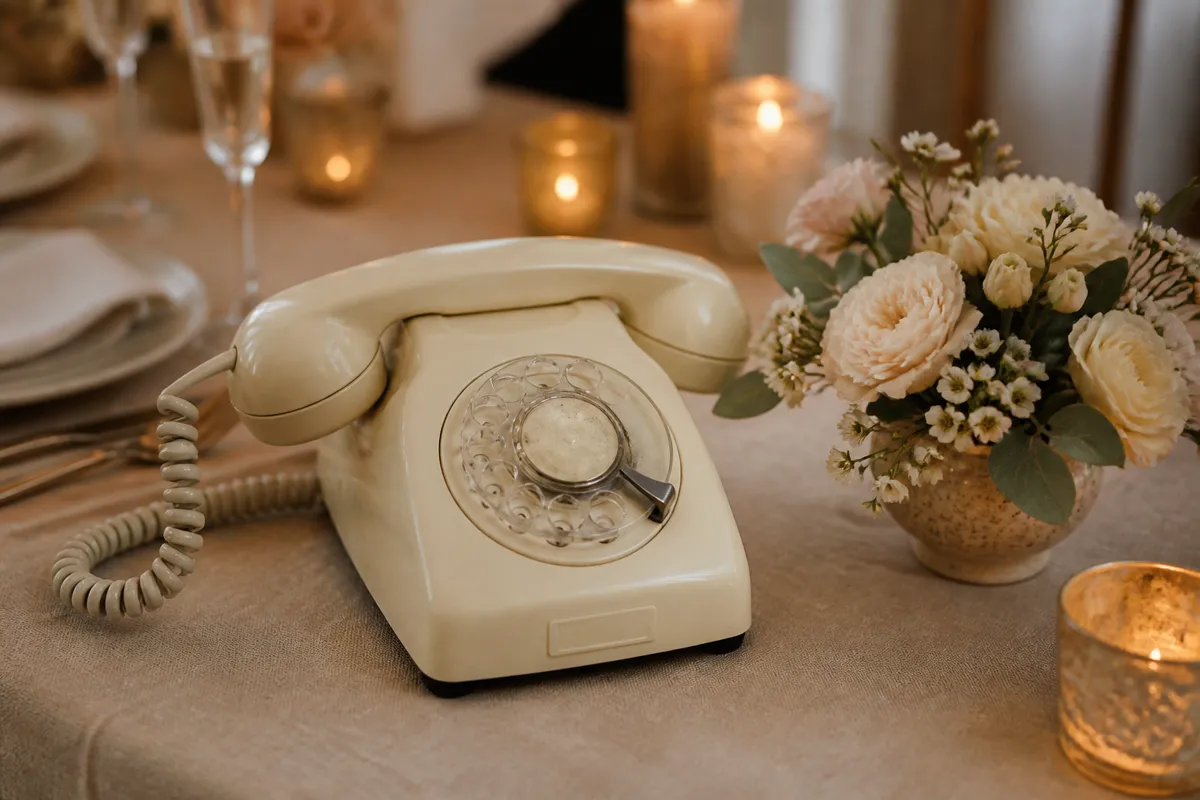 A vintage cream rotary telephone on a linen-draped reception table beside a small floral arrangement