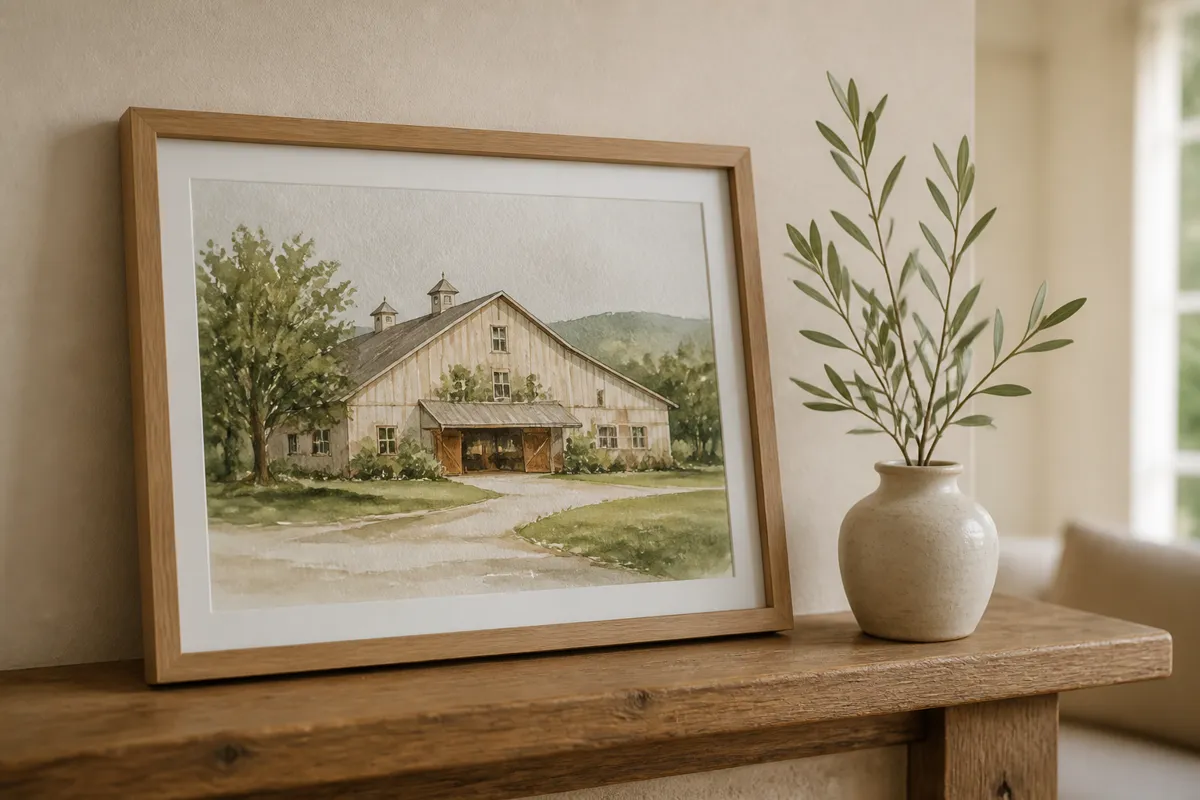A framed watercolor illustration of a countryside barn venue propped on a wooden mantel beside a small potted olive branch