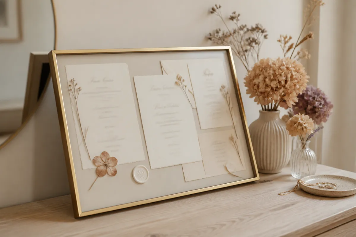 A wedding invitation suite float-mounted in a slim frame at an angle so the lettering is softly out of focus, resting on a dresser beside dr