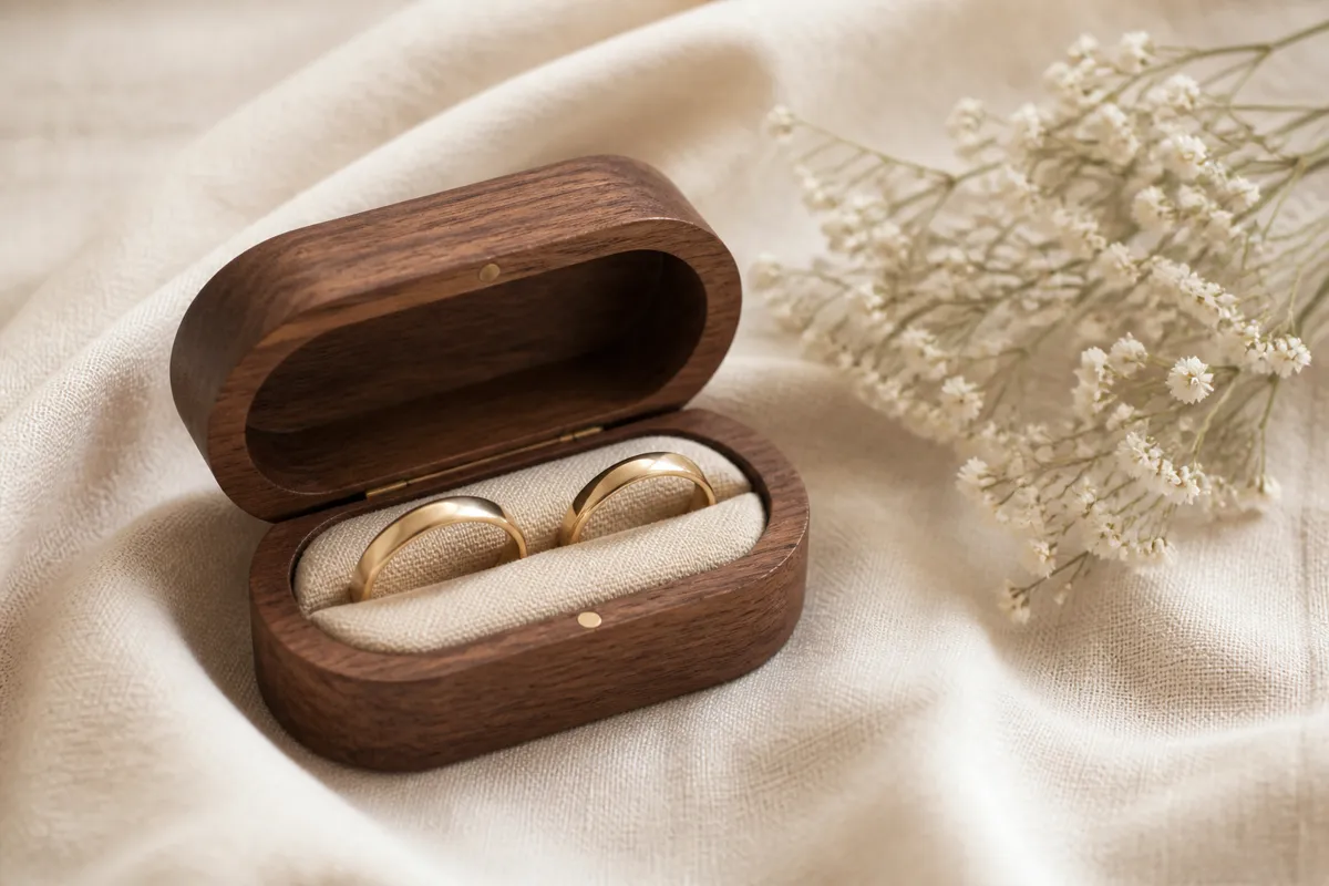A small carved walnut ring box holding two gold bands, on cream linen beside a sprig of baby's breath