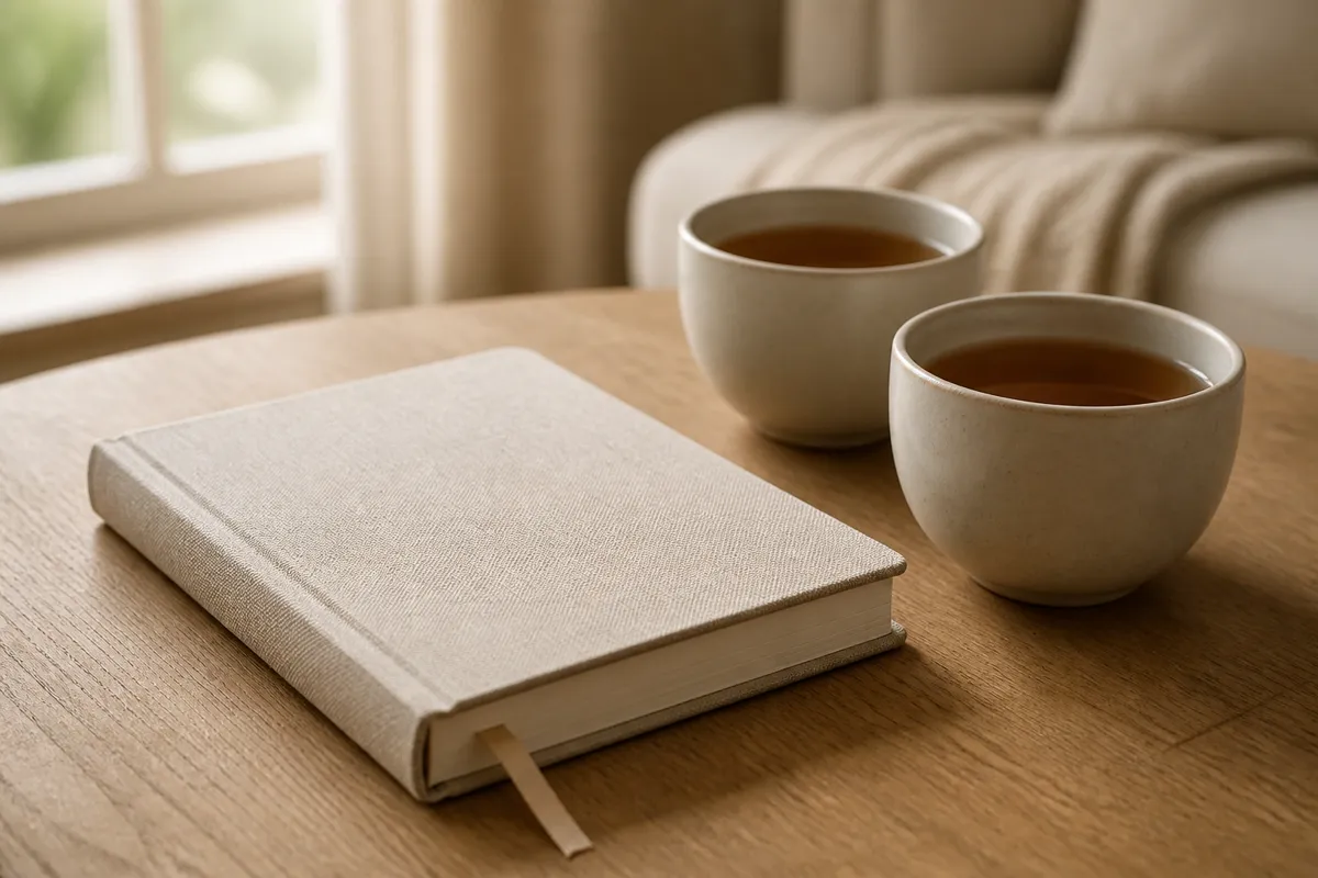 A linen-bound journal with a ribbon marker lying closed on a coffee table beside two cups of tea