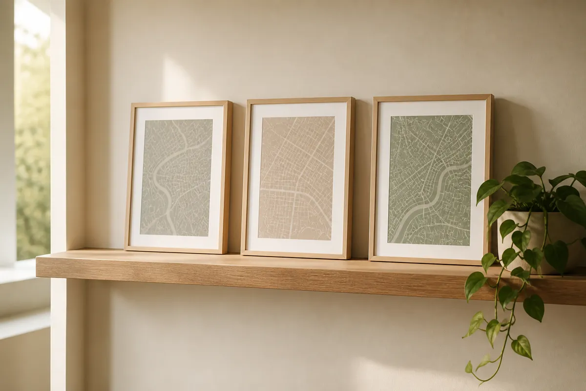 Three small framed minimalist map prints arranged in a row on a floating wooden shelf, a trailing plant at one end, daylight