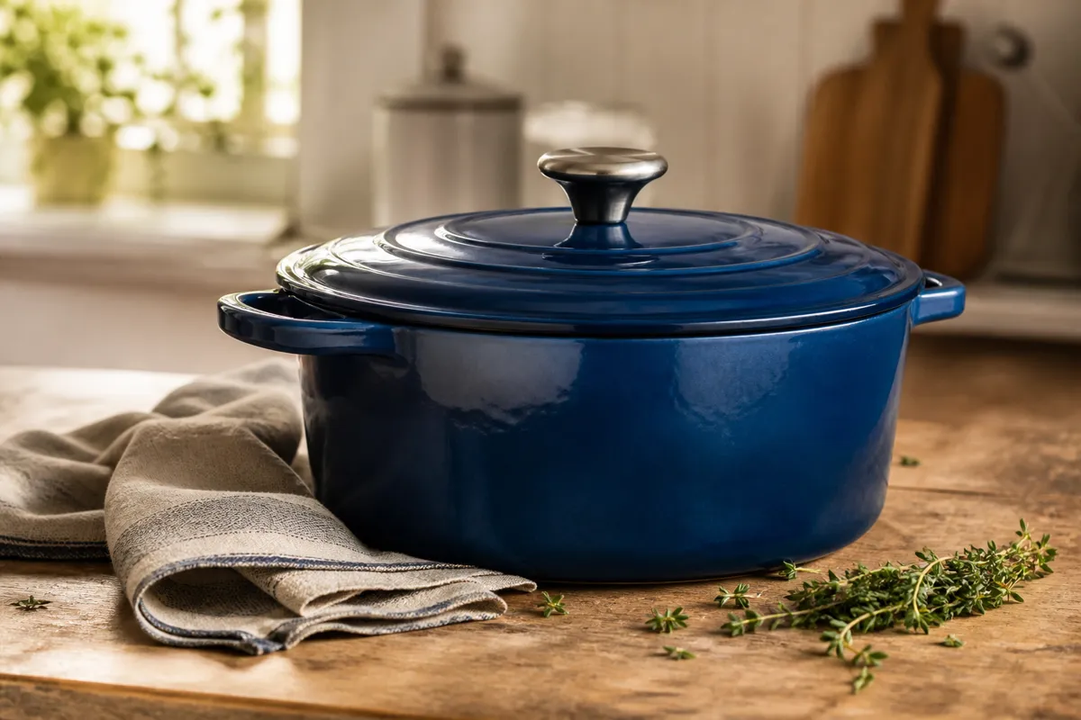 A deep blue enameled Dutch oven on a rustic wooden kitchen counter with a folded linen towel and scattered sprigs of thyme