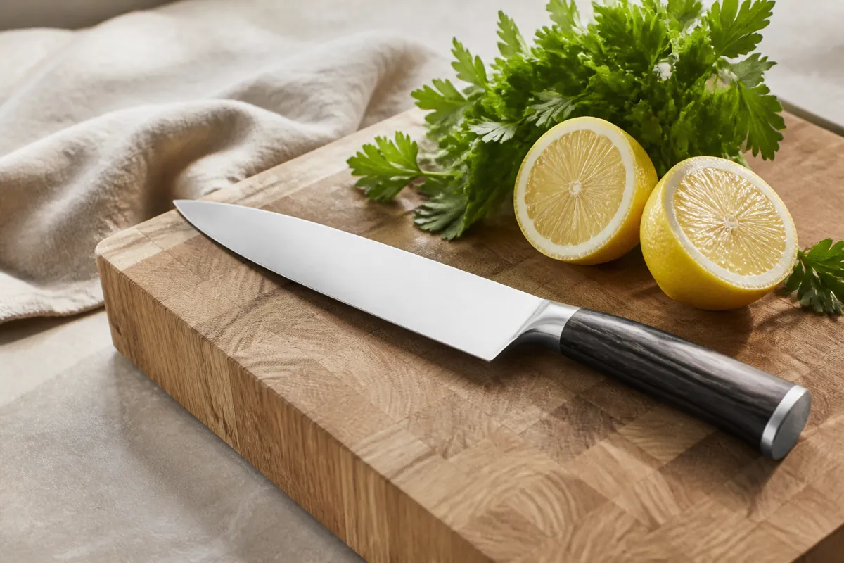 A polished chef's knife resting on an end-grain cutting board beside halved lemons and fresh parsley