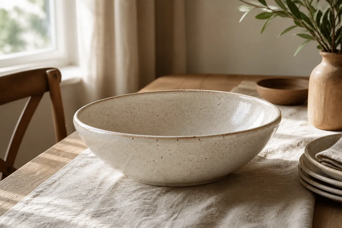 A large handthrown ceramic serving bowl in speckled cream glaze on a wooden dining table with a linen runner
