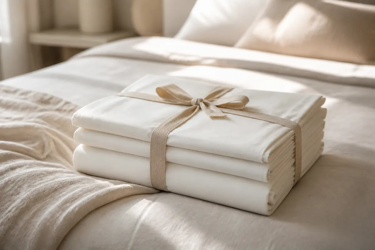 A neatly folded stack of ivory percale sheets tied with natural ribbon resting on the corner of a made bed