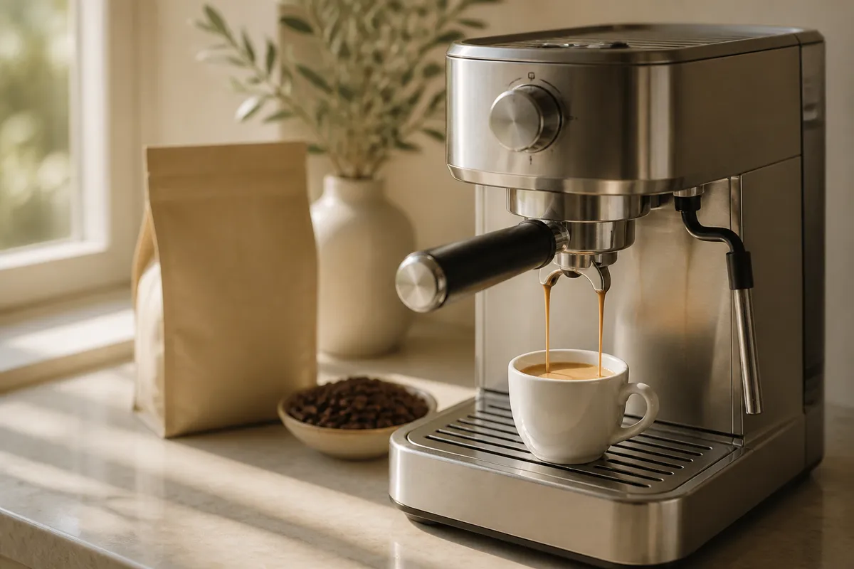 A brushed steel espresso machine pulling a shot into a small white cup on a tidy kitchen counter, a bag of beans out of focus nearby