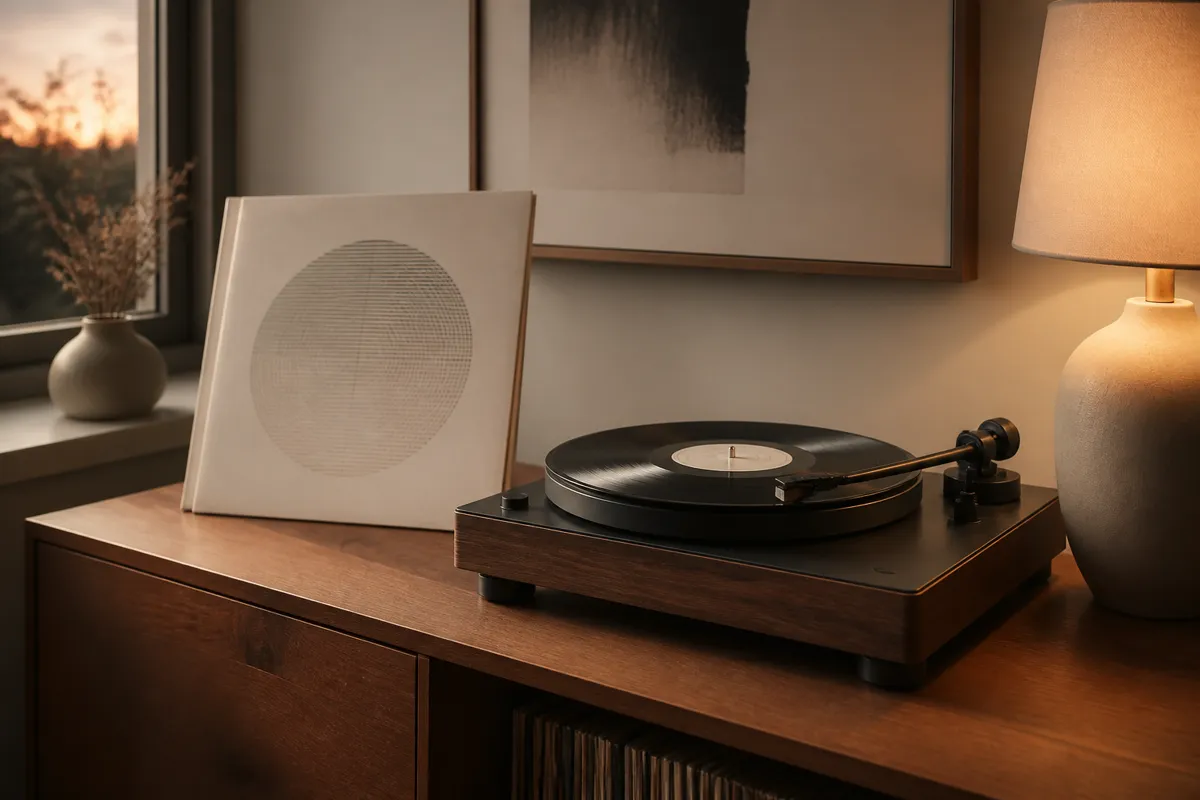 A turntable with a record spinning beside its open sleeve on a wooden console