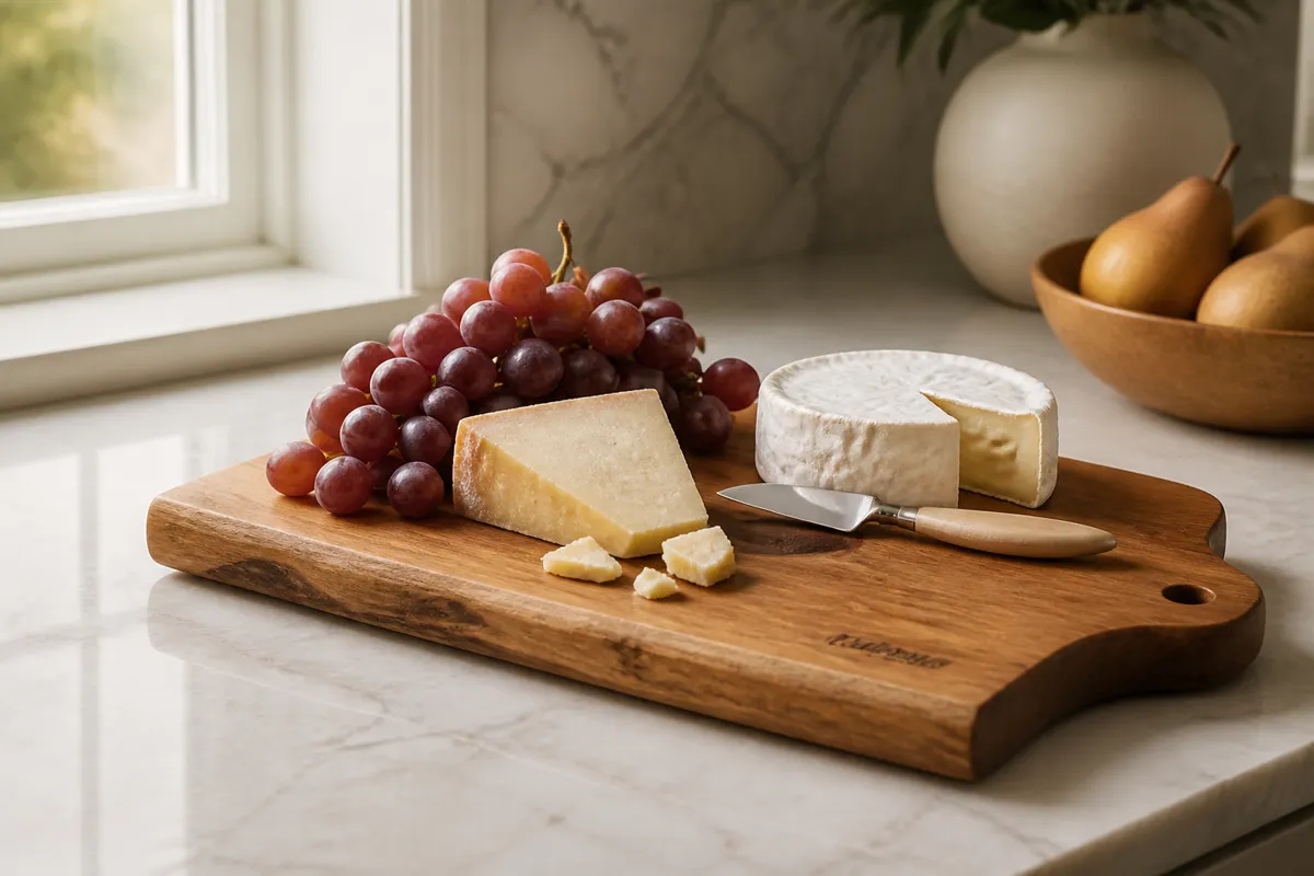 A wooden serving board with a small engraving softly out of focus, laid with grapes, cheese and a spread knife on a marble counter
