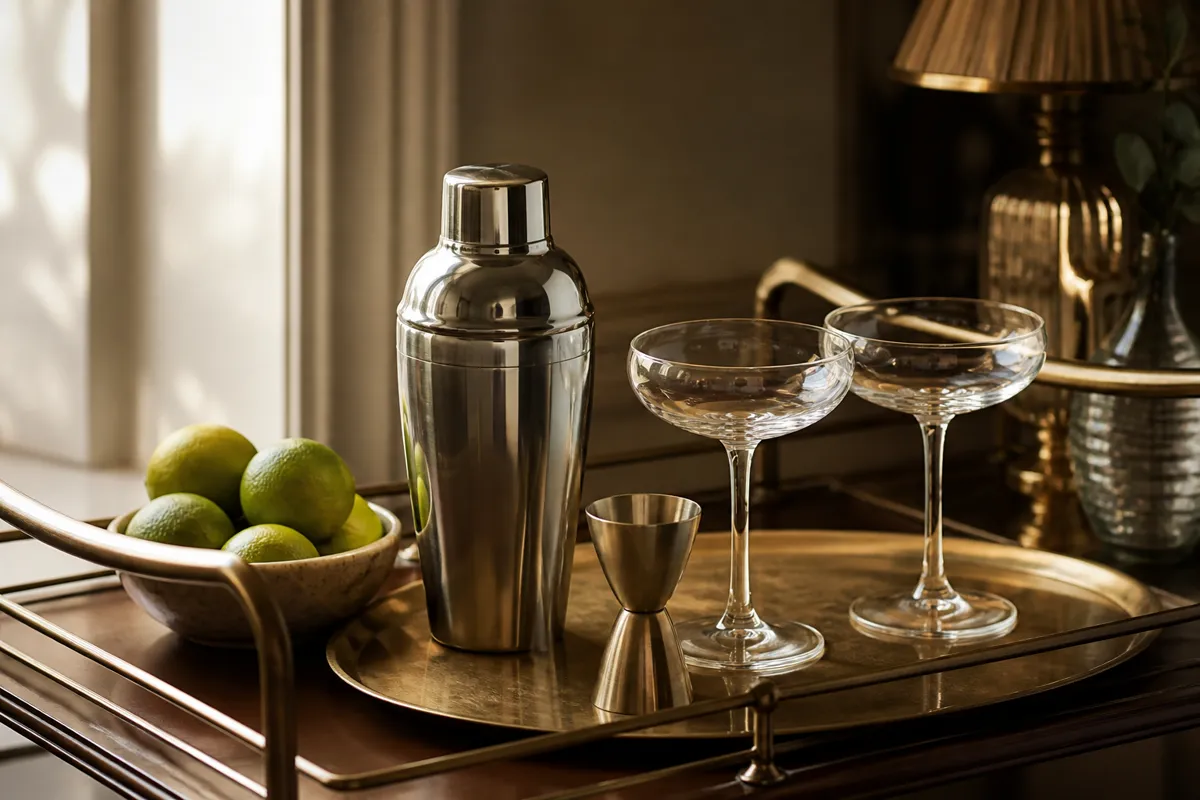 A cocktail shaker, jigger and two coupe glasses arranged on a brass tray beside a bowl of limes, moody bar-cart light