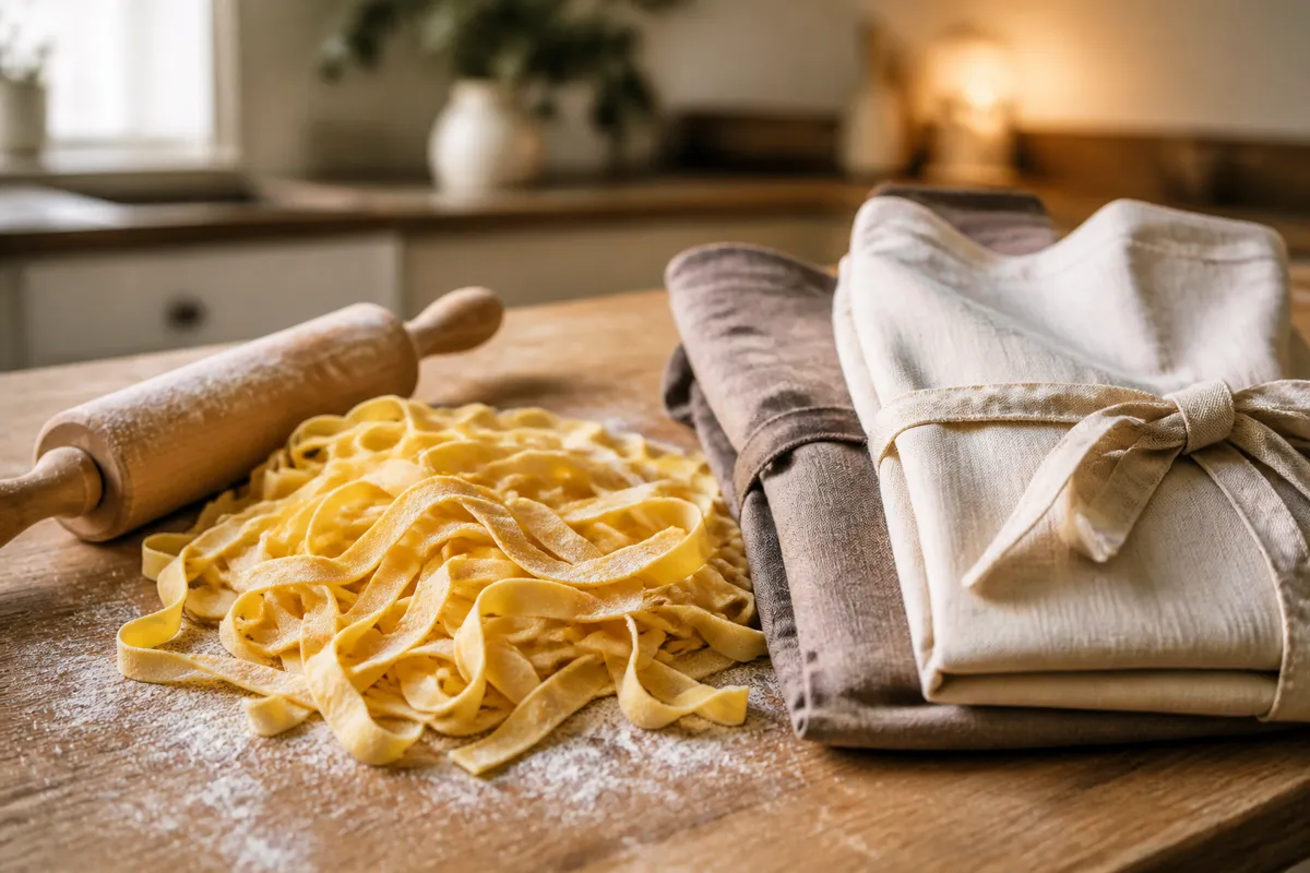 A flour-dusted wooden worktable with fresh pasta ribbons, a rolling pin and two folded linen aprons to one side