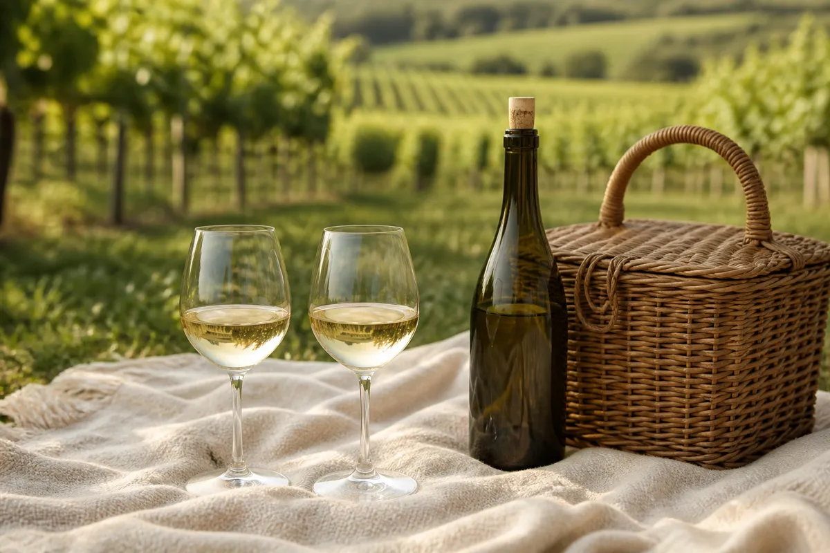 A picnic blanket on grass with two glasses of white wine, a corked bottle and a wicker basket, vineyard rows softly out of focus behind
